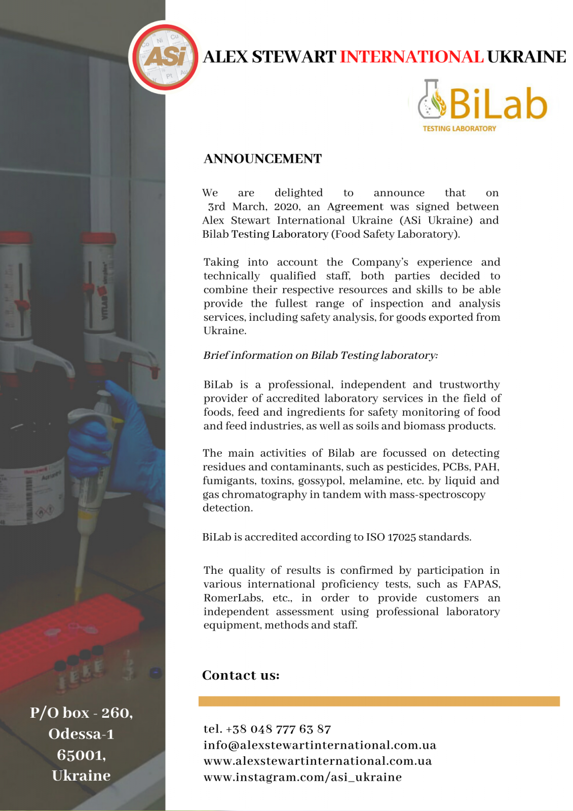 Agreement between Alex Stewart International Ukraine (ASi Ukraine) and Bilab Testing Laboratory (Food Safety Laboratory)